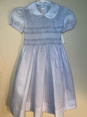 Smocked Vintage Light Laveder Blue Girls' Dress with Peter Pan Collar Size 4